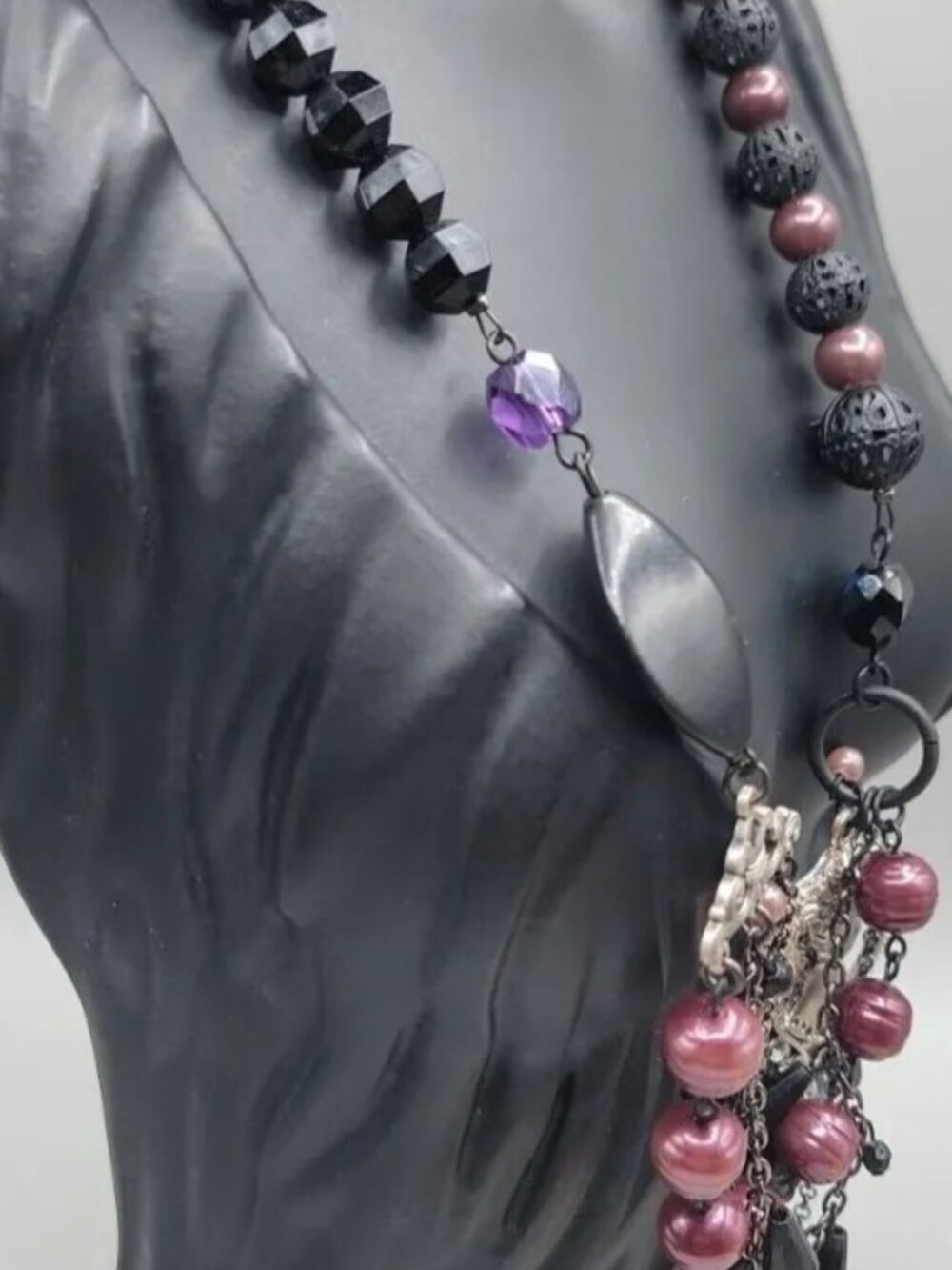 Vintage Art Deco Faux Pearl Multistrand Layered Rhinestone Beaded Chain Necklace - Picture 7 of 13